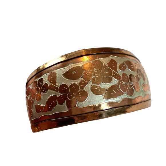 Vintage Copper Floral Cuff Bracelet India Boho Ethnic Design Mid Century Jewelry - Picture 1 of 8